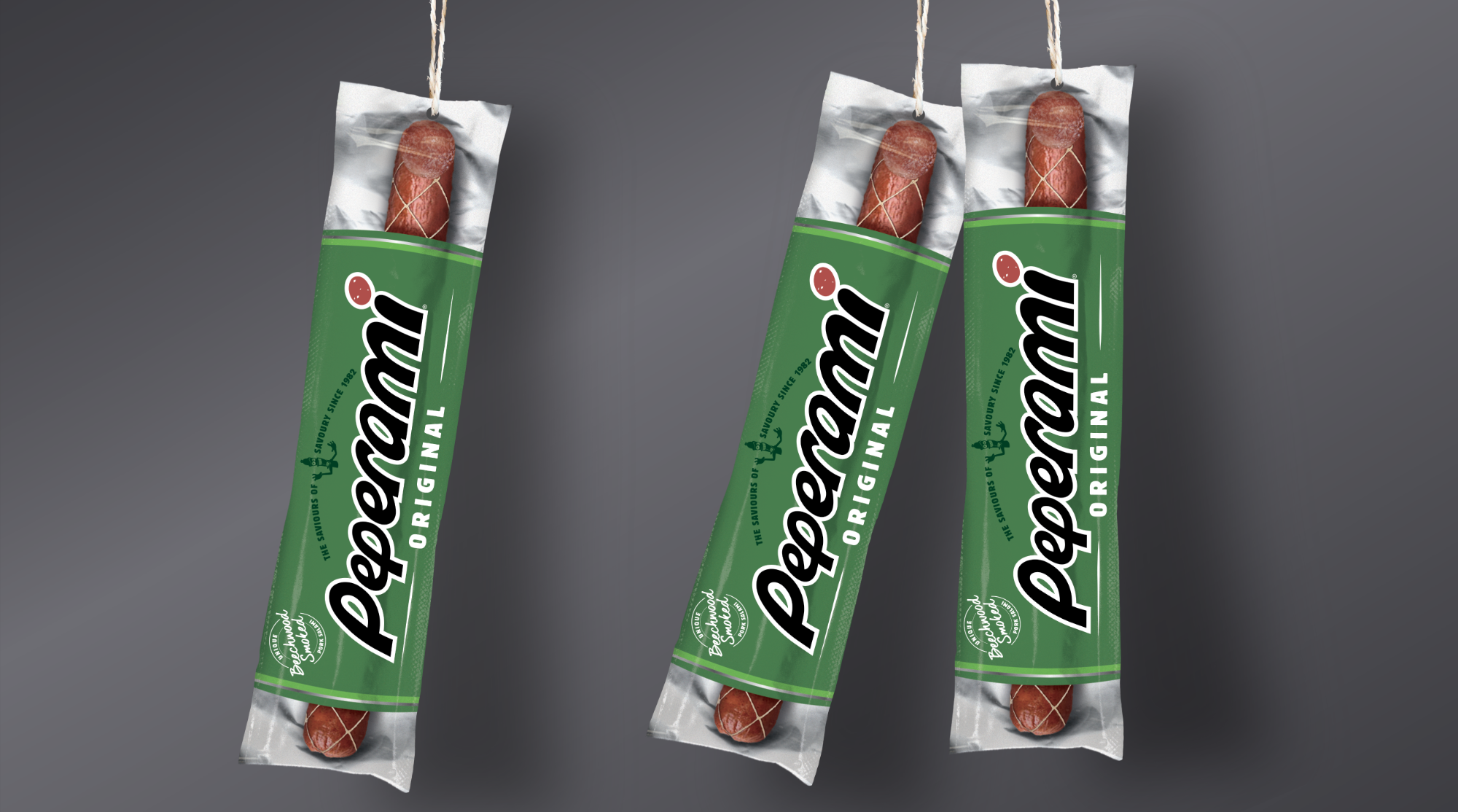 Authentic Snacking hero packaging hanging from chord, referencing the window of a a butchers shop