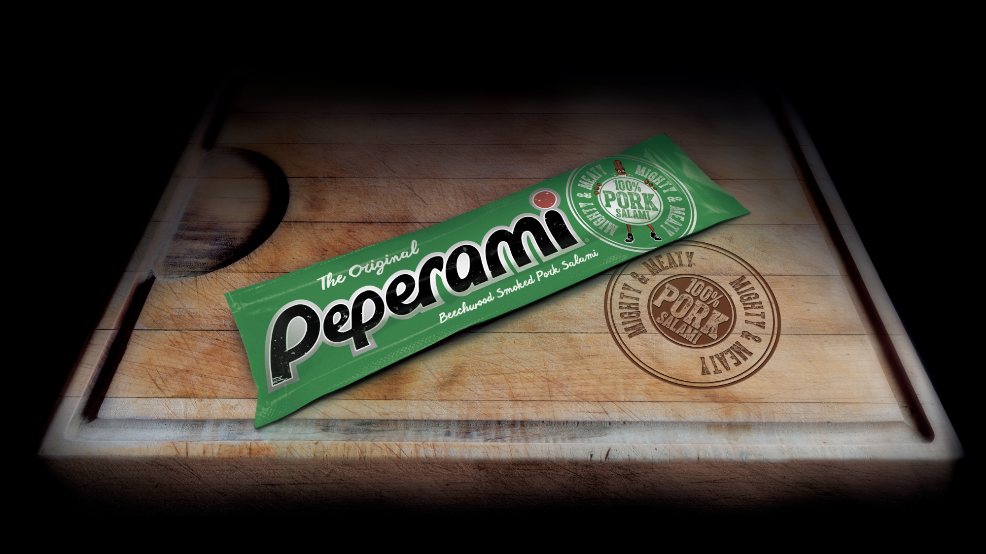 Certified Salami hero packaging on a wooden chopping board