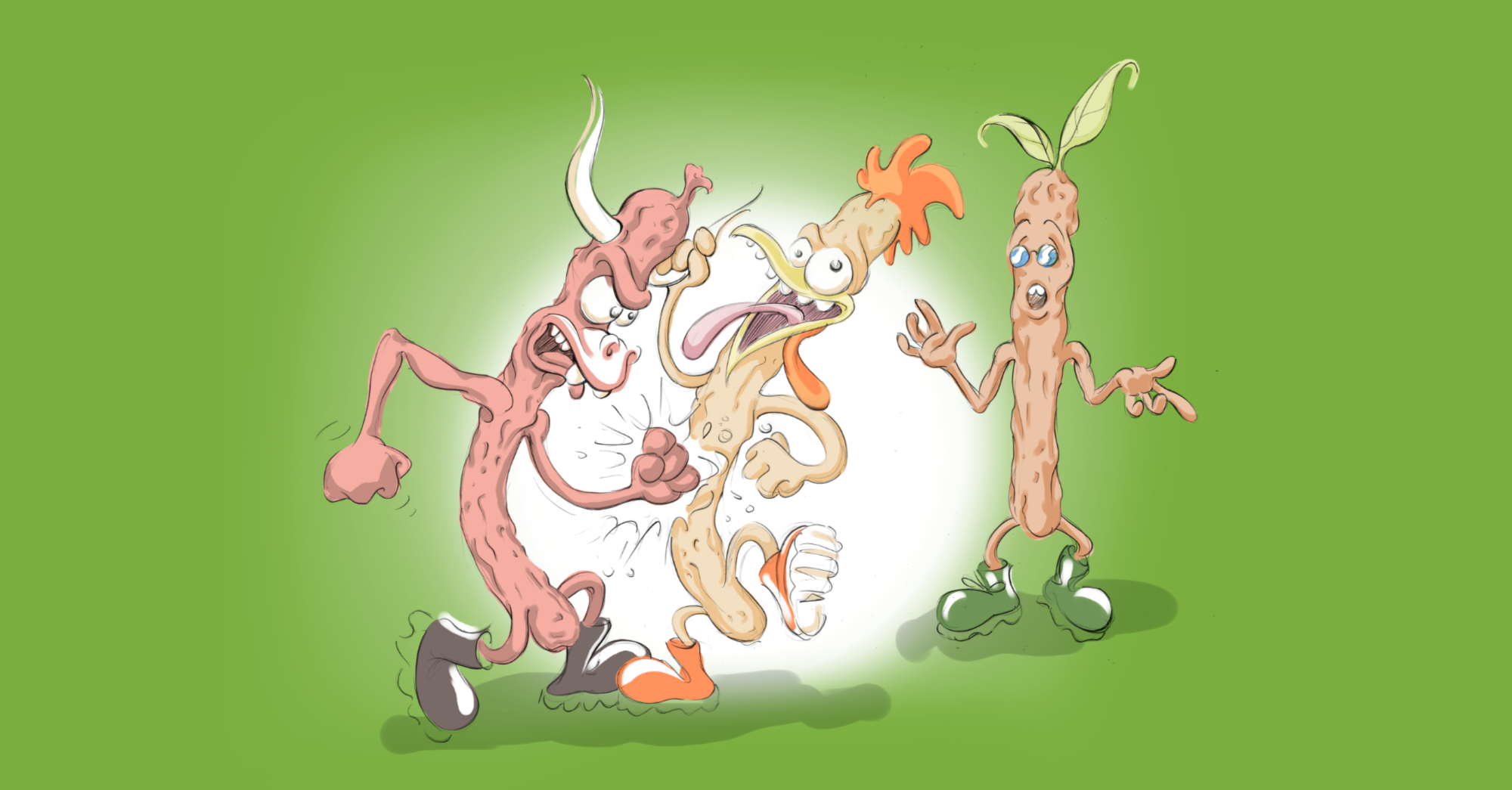 Illustration of the Peperami animal characters in a fight