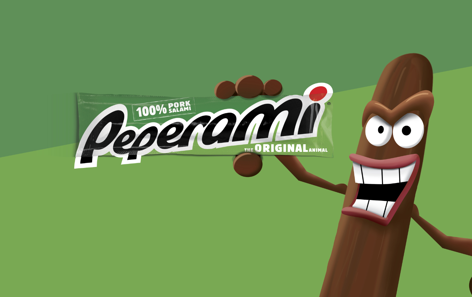 Peperami Stick held up by Animal Character