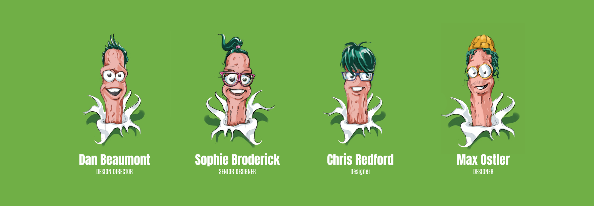 Design Team, Dan Beaumont, Sophie Broderick, Max Ostler and Chris Redford imortalised as Peperami Characters.