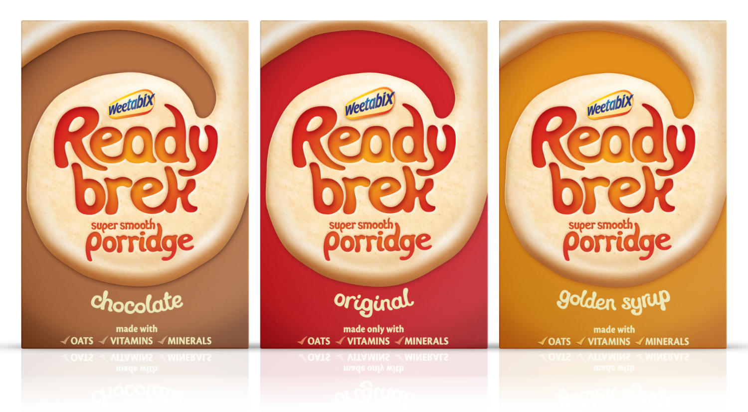 3 flavours of Ready Brek cereal boxes
            