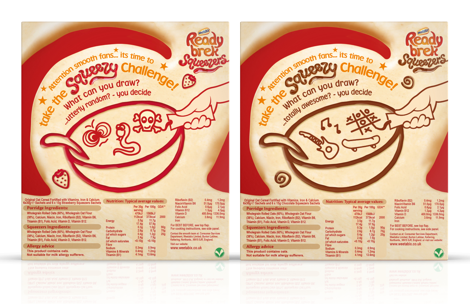 Ready Brek Squeezers back of back with jammy doodle suggestions